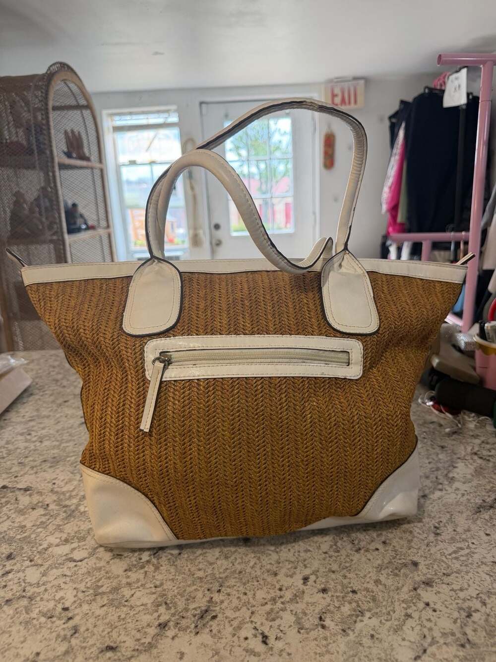 Mondani Straw & Faux Leather Tote Bag Tan Cream